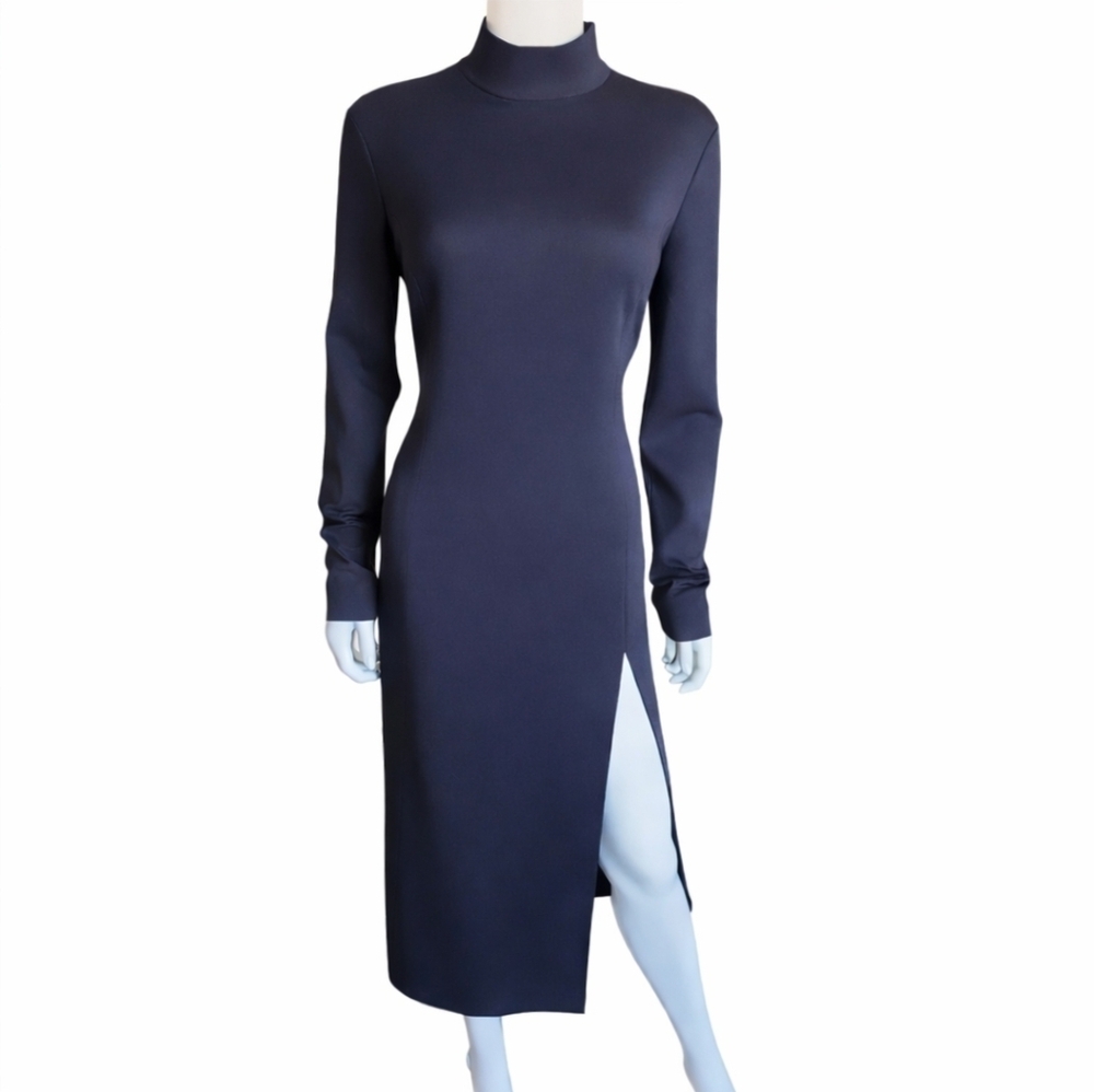 WOLFORD X AMINA MUADDI | Black Mock Neck Midi Dress Stretch Long Sleeve Sz Large